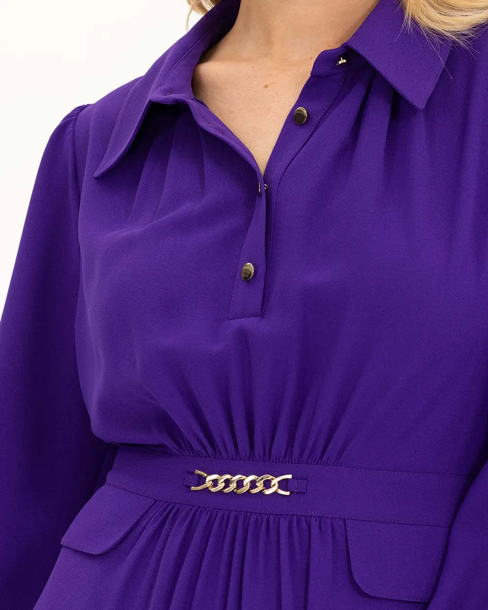  Chain Detailed Shirt Collar Dress