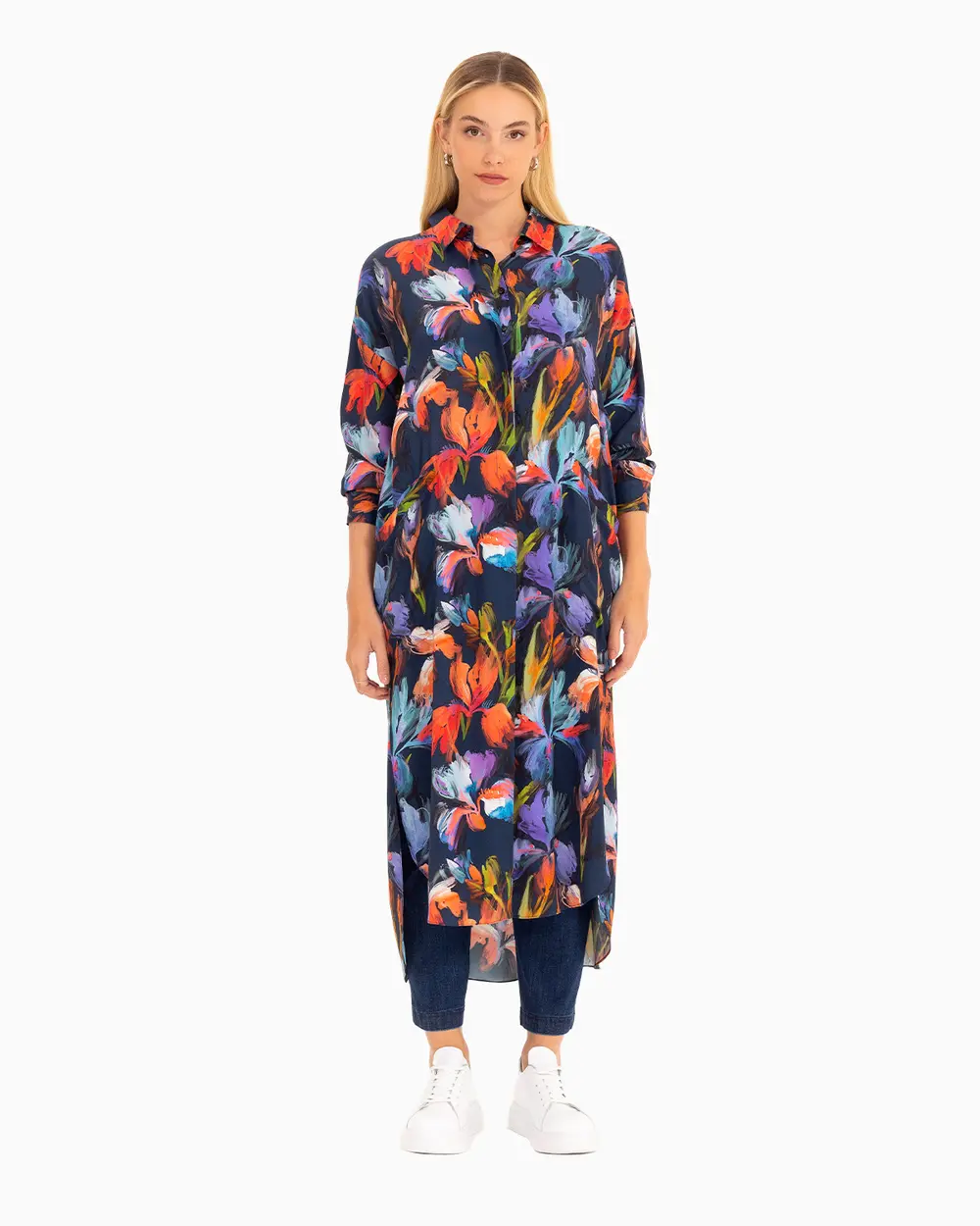 Çiçek Desenli Midi Boy Tunik