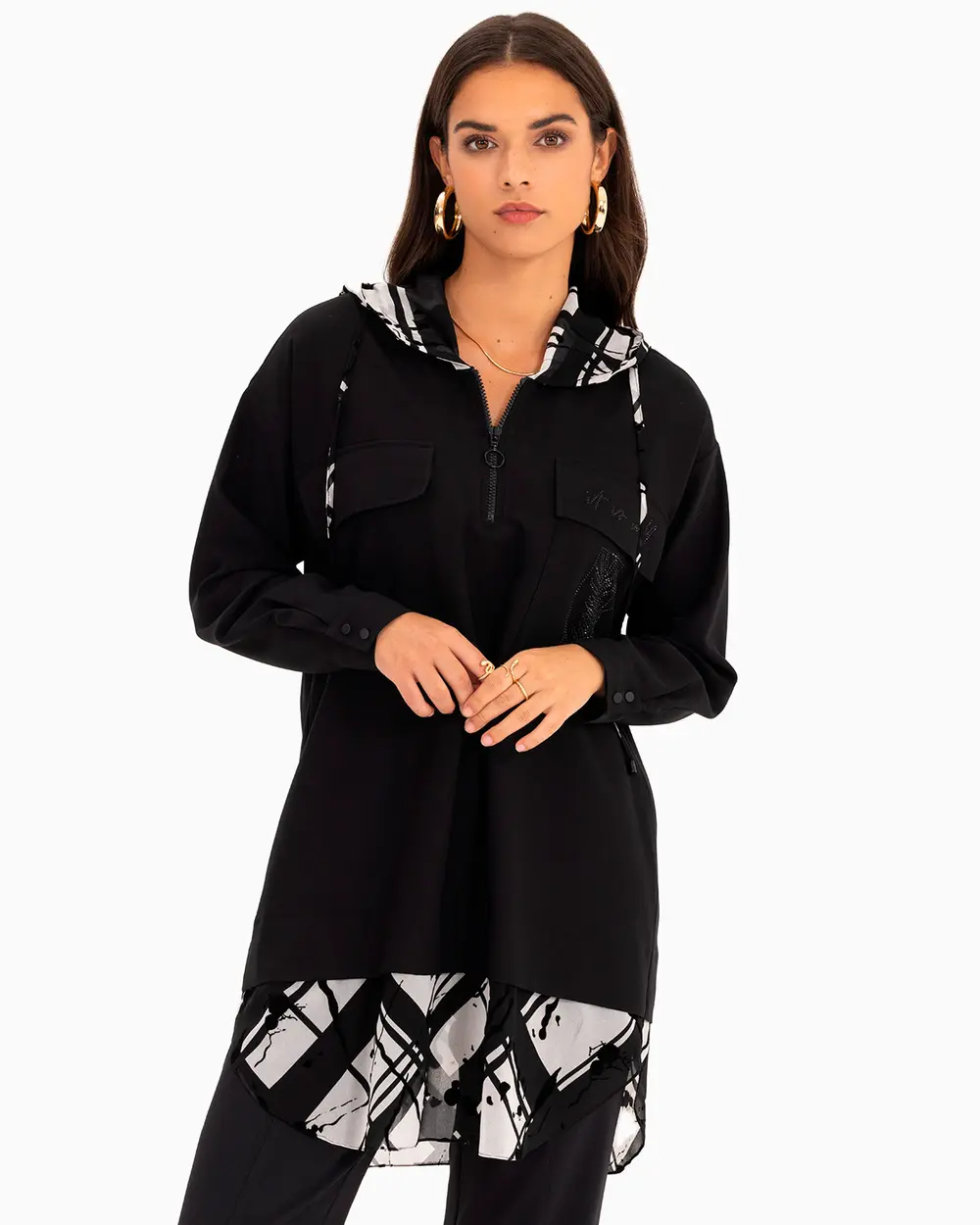 Plaid Pattern Detailed Hooded Tunic