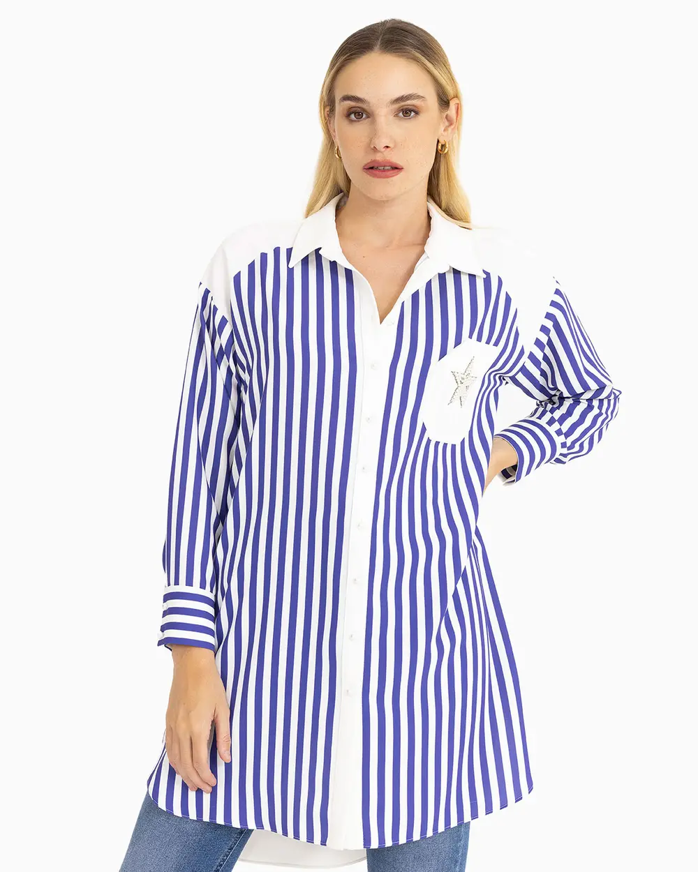  Line Patterned Front Buttoned Tunic