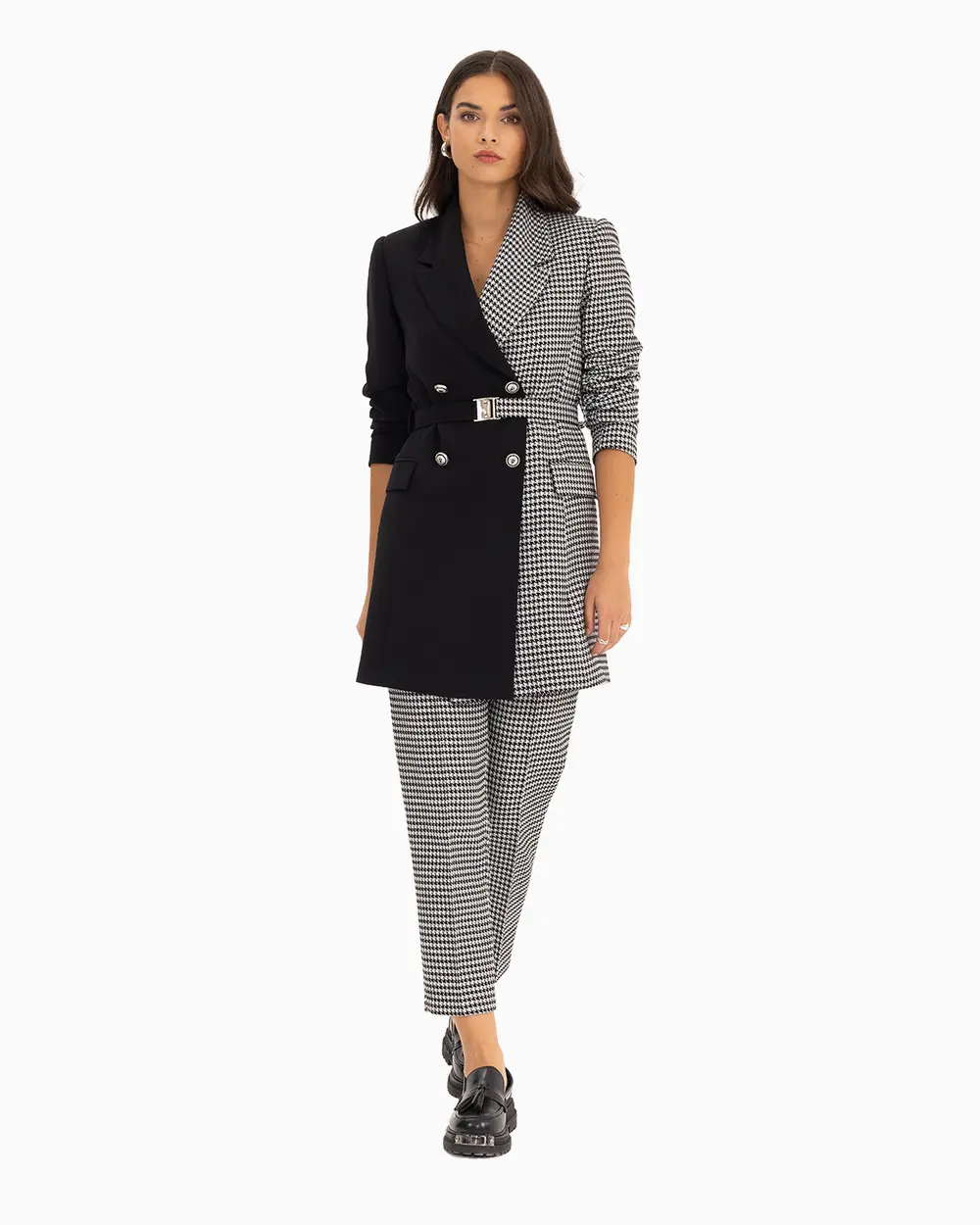 Kazayağı Desenli Beli Kemerli Ceket