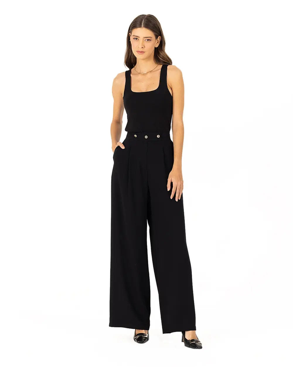 Wide Cut Button Detailed Trousers