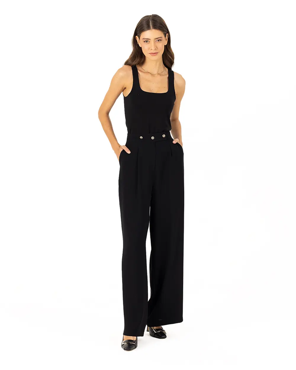 Wide Cut Button Detailed Trousers