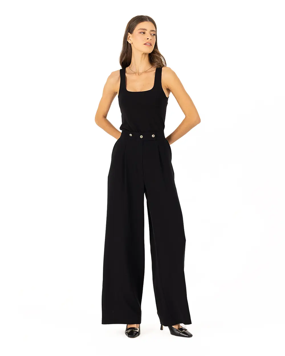 Wide Cut Button Detailed Trousers