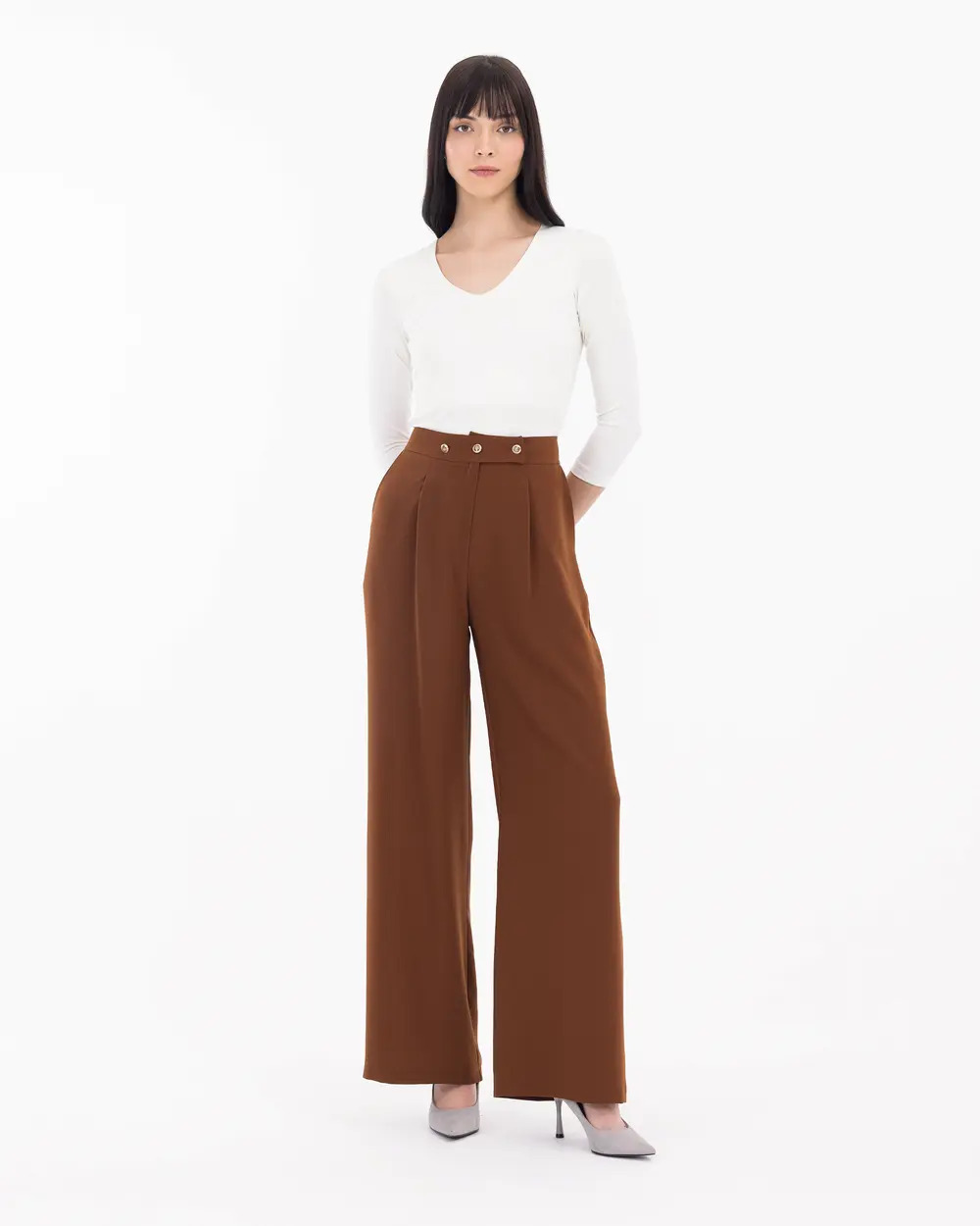 Wide Cut Button Detailed Trousers