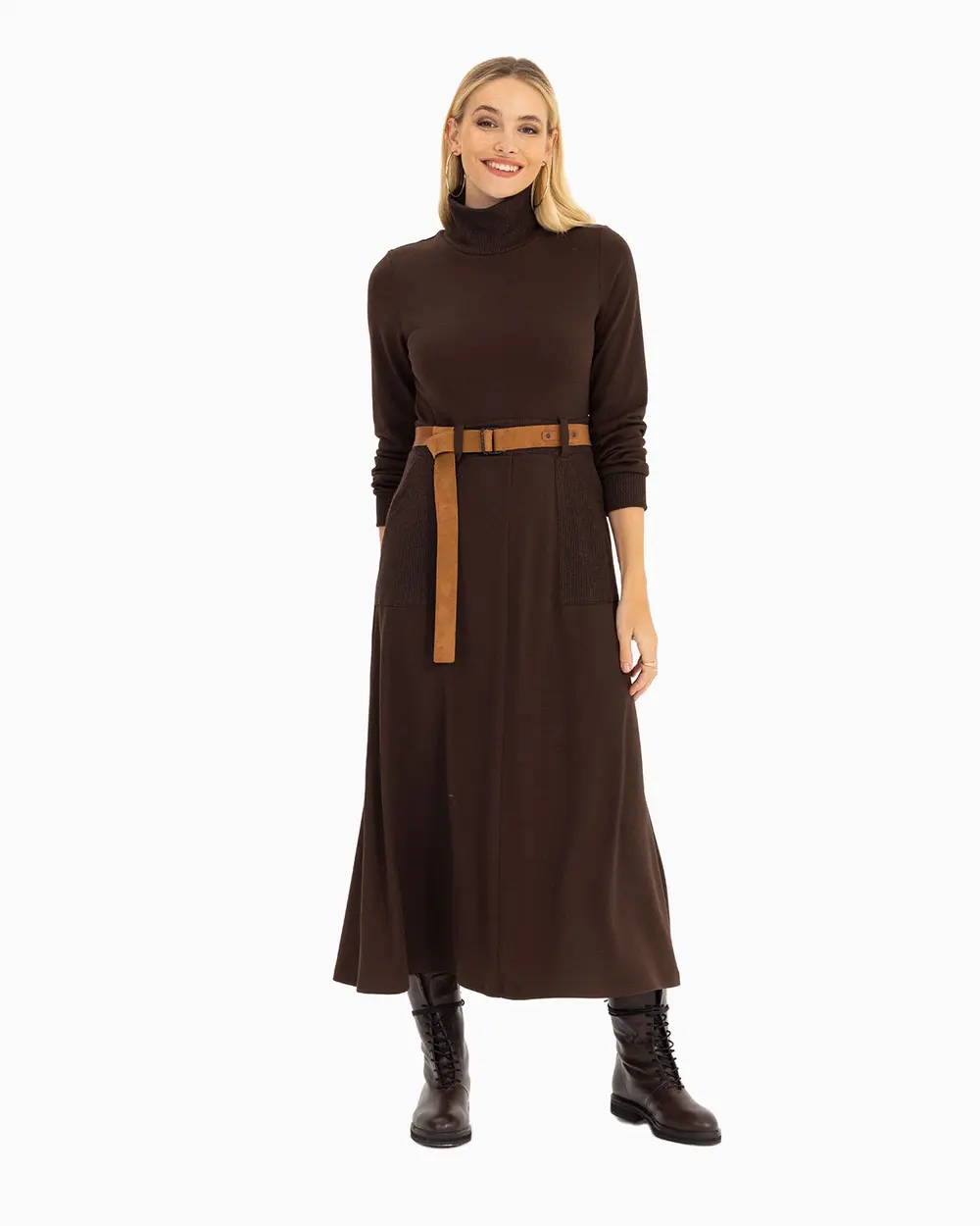 Belted Stand Collar Dress