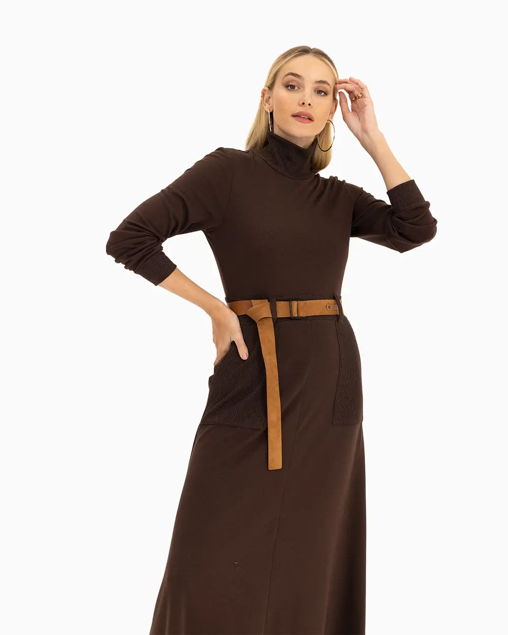 Belted Stand Collar Dress