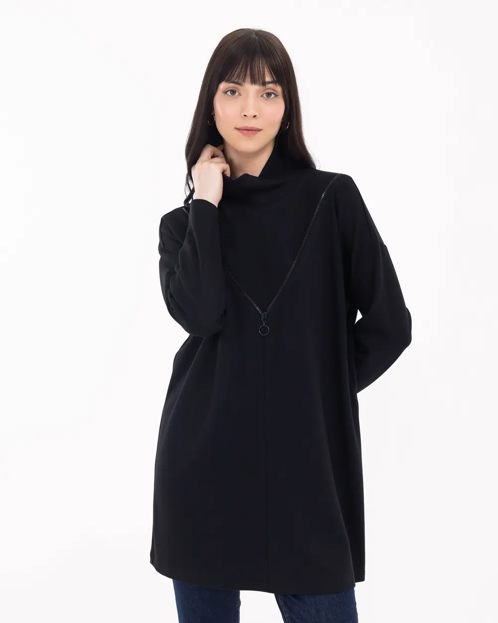 Plunging Collar Zipper Detailed Tunic
