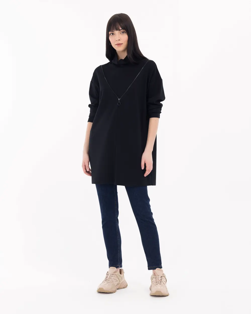 Plunging Collar Zipper Detailed Tunic