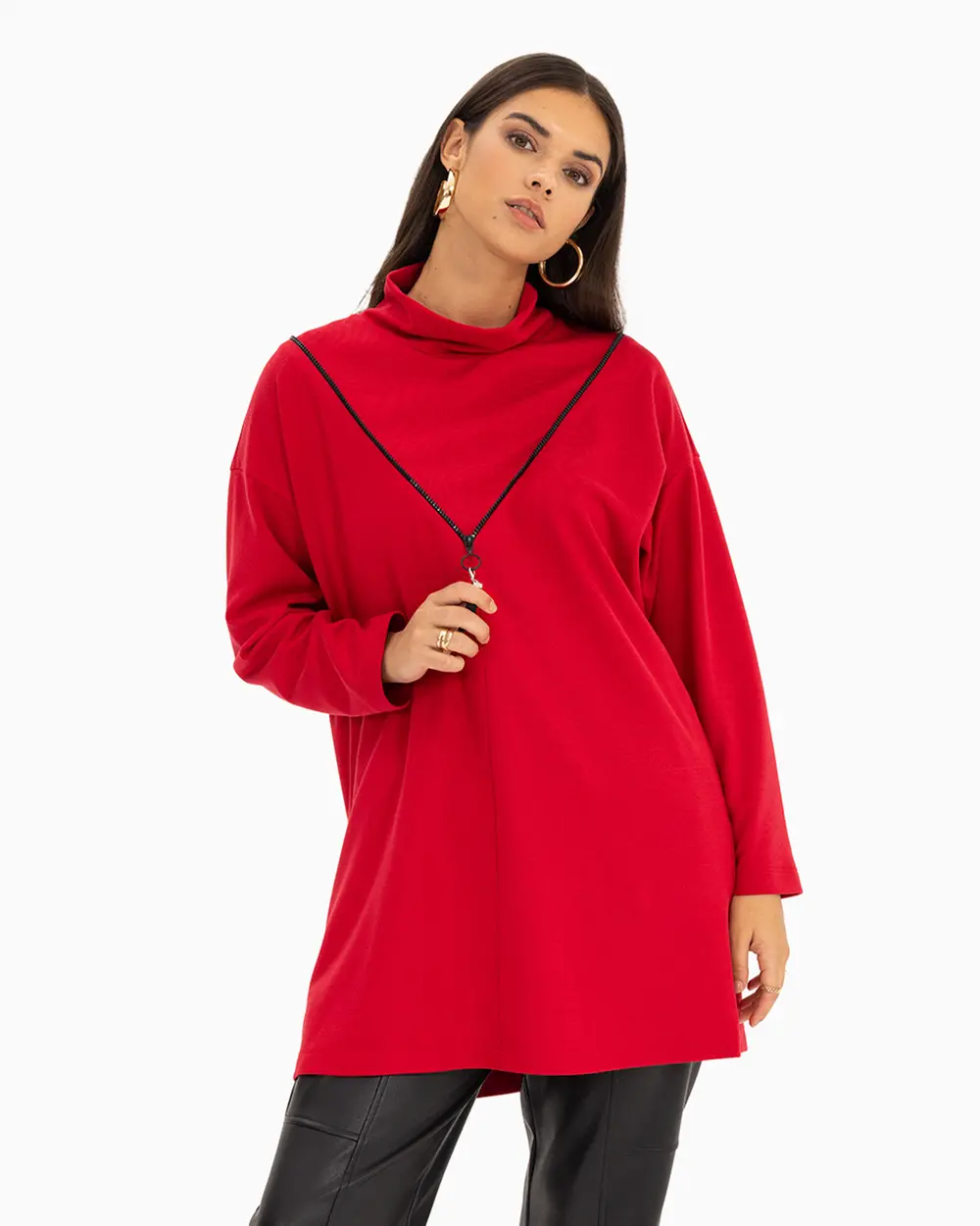 Plunging Collar Zipper Detailed Tunic