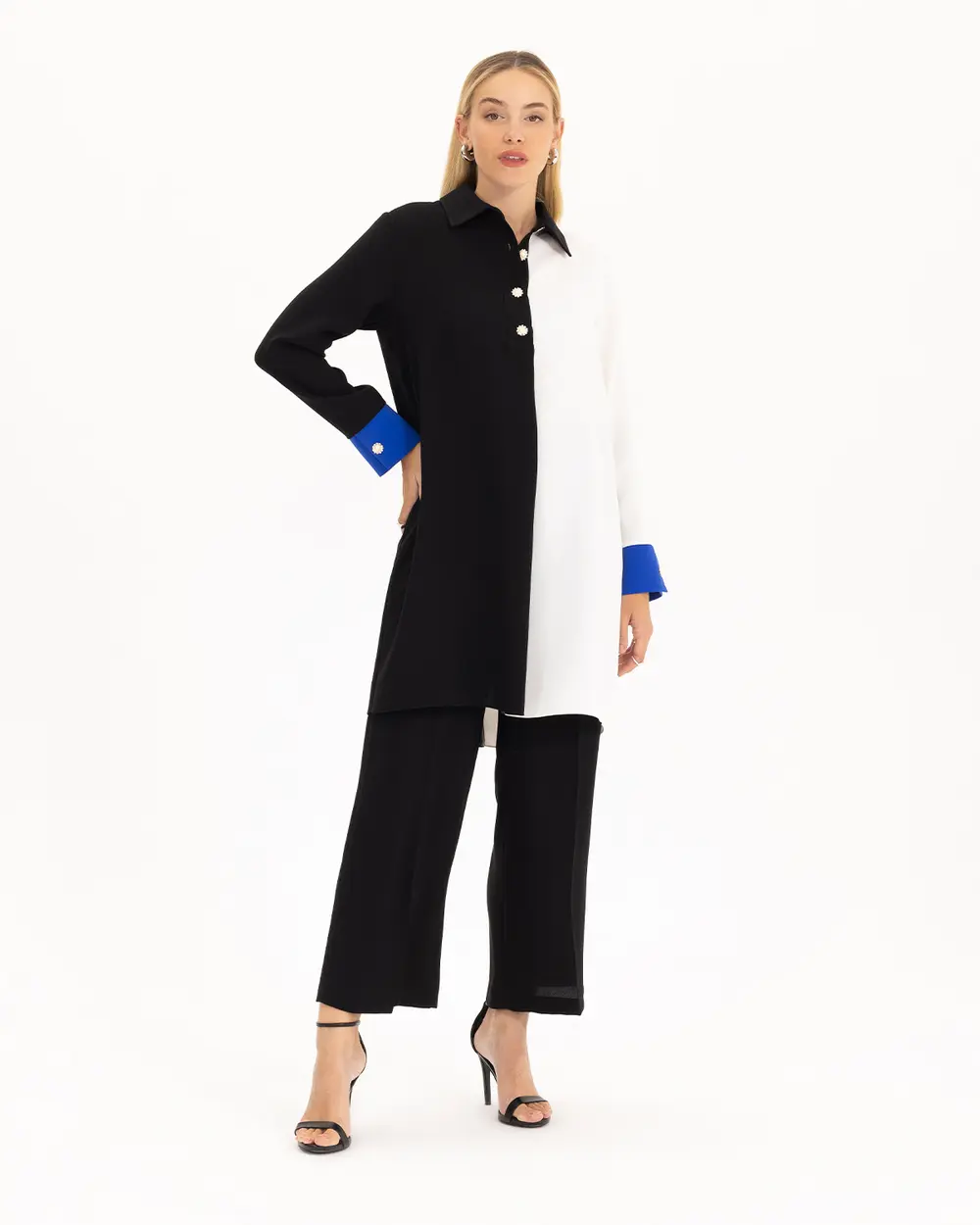 Renk Bloklu Düğme Detaylı Tunik