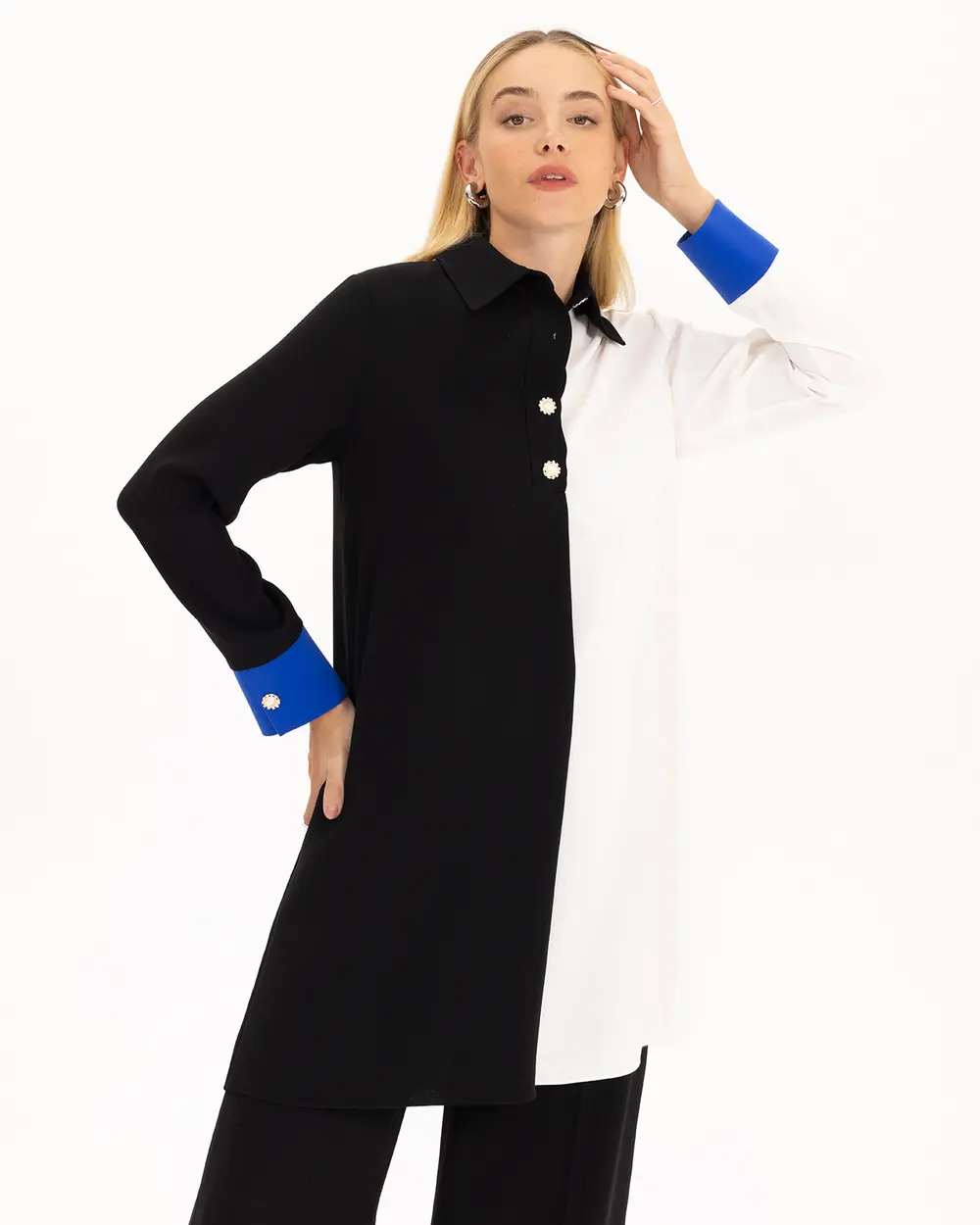  Color Block Button Detailed Tunic