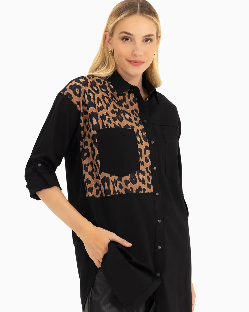 Leopard Patterned Shirt Collar Tunic