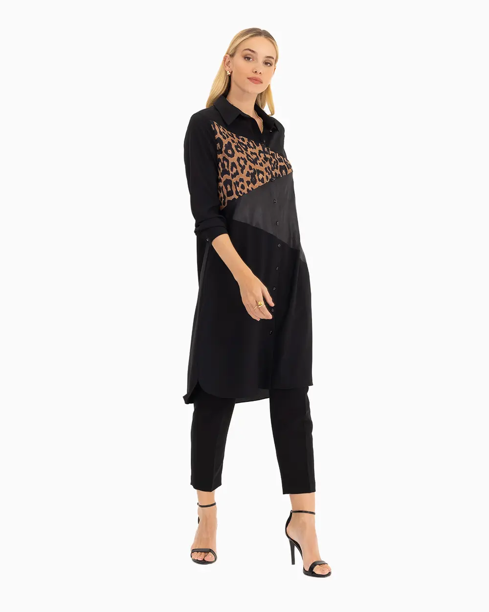 İki Kumaşlı Leopar Desenli Tunik