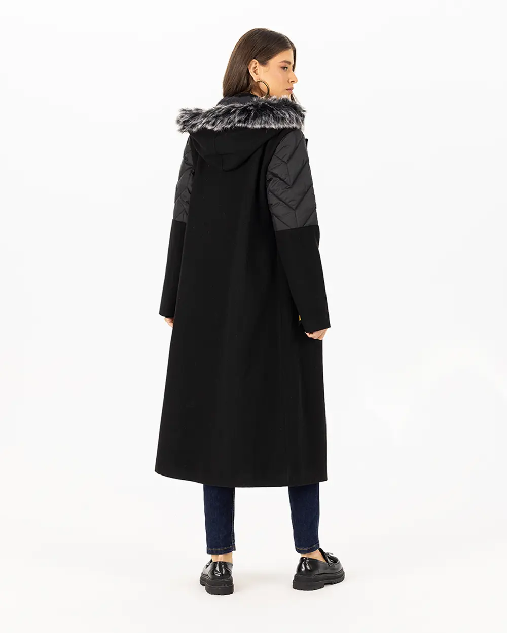 Kürk Detaylı Kapüşon Yaka Kaban