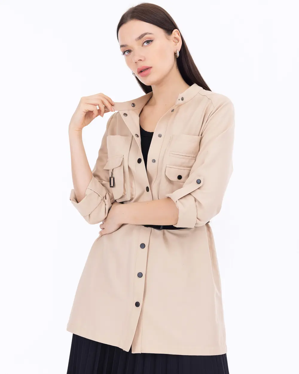 Zımba Detaylı Yuvarlak Yaka Ceket