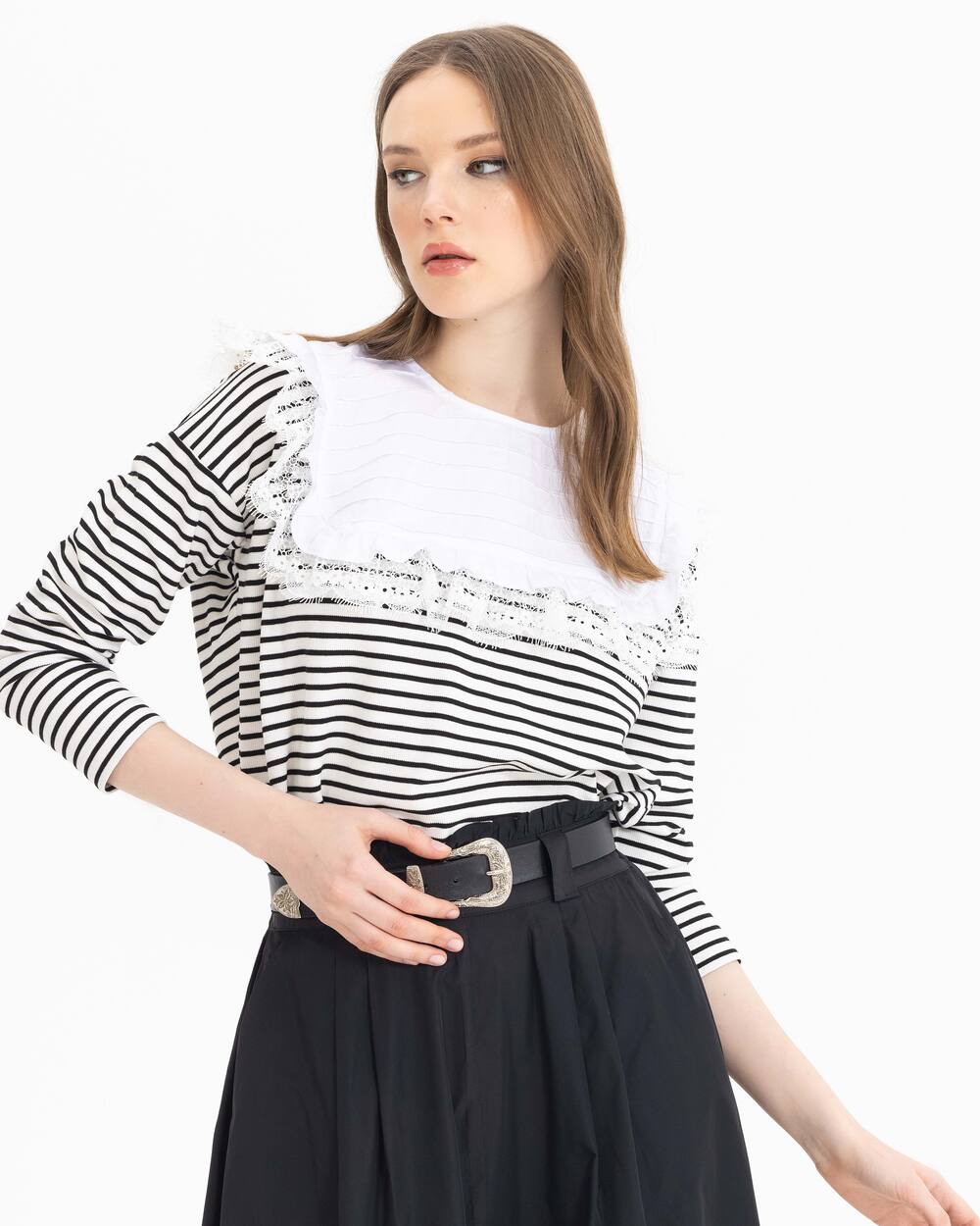 Dantel Detaylı Çizgili Sweatshirt