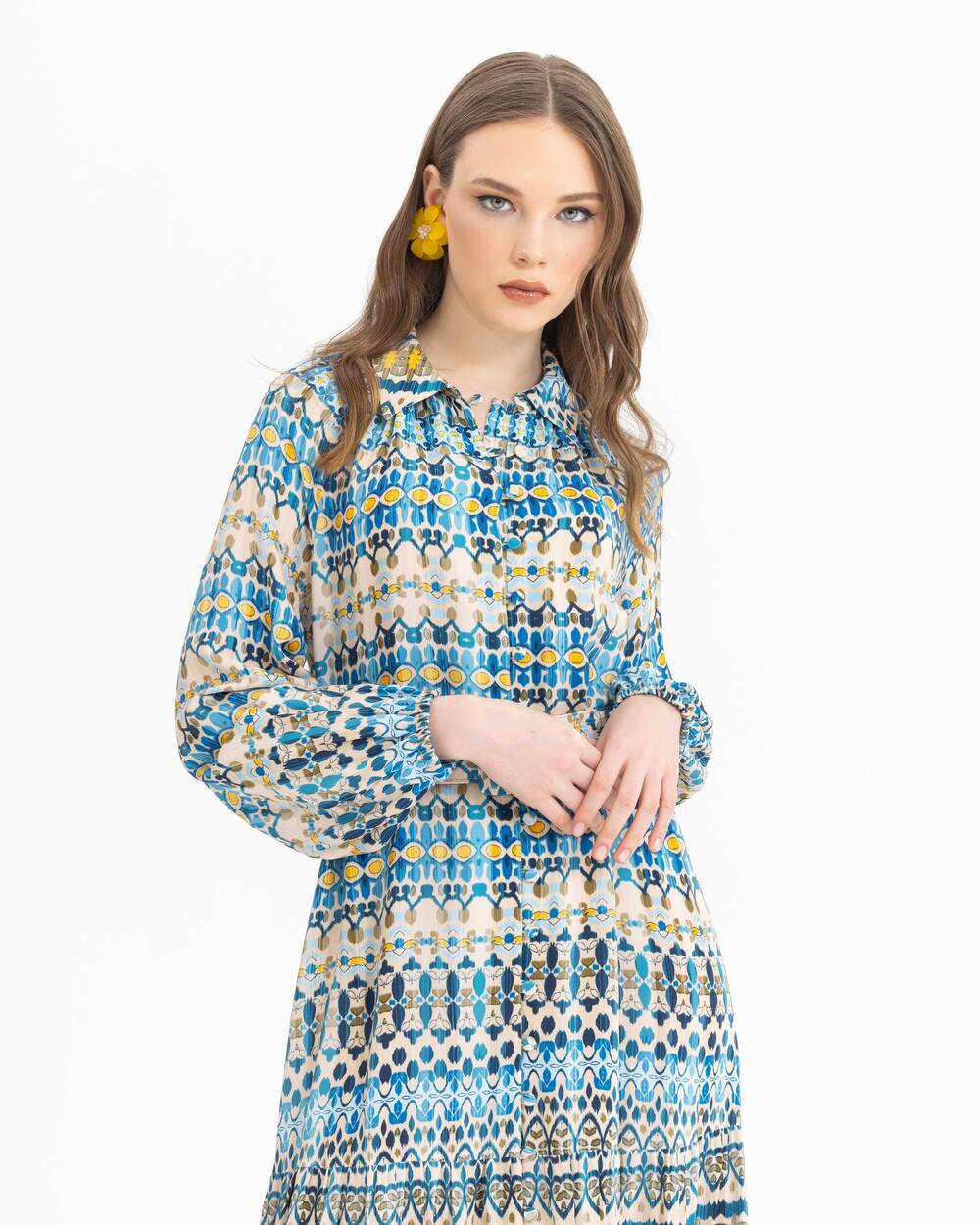 Desenli Kemerli Tam Boy Elbise