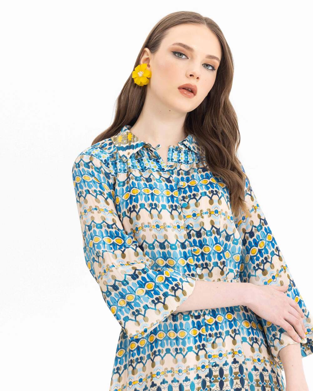 Desenli Kemerli Tam Boy Elbise