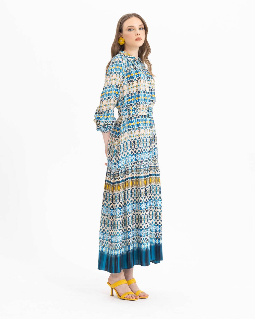 Desenli Kemerli Tam Boy Elbise