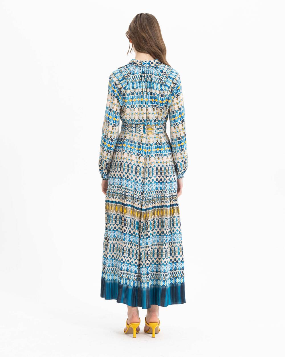 Desenli Kemerli Tam Boy Elbise