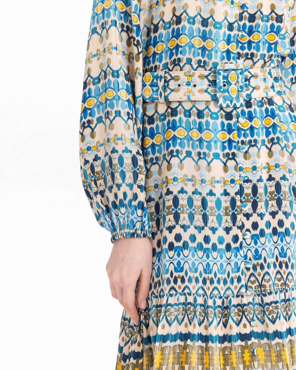 Desenli Kemerli Tam Boy Elbise