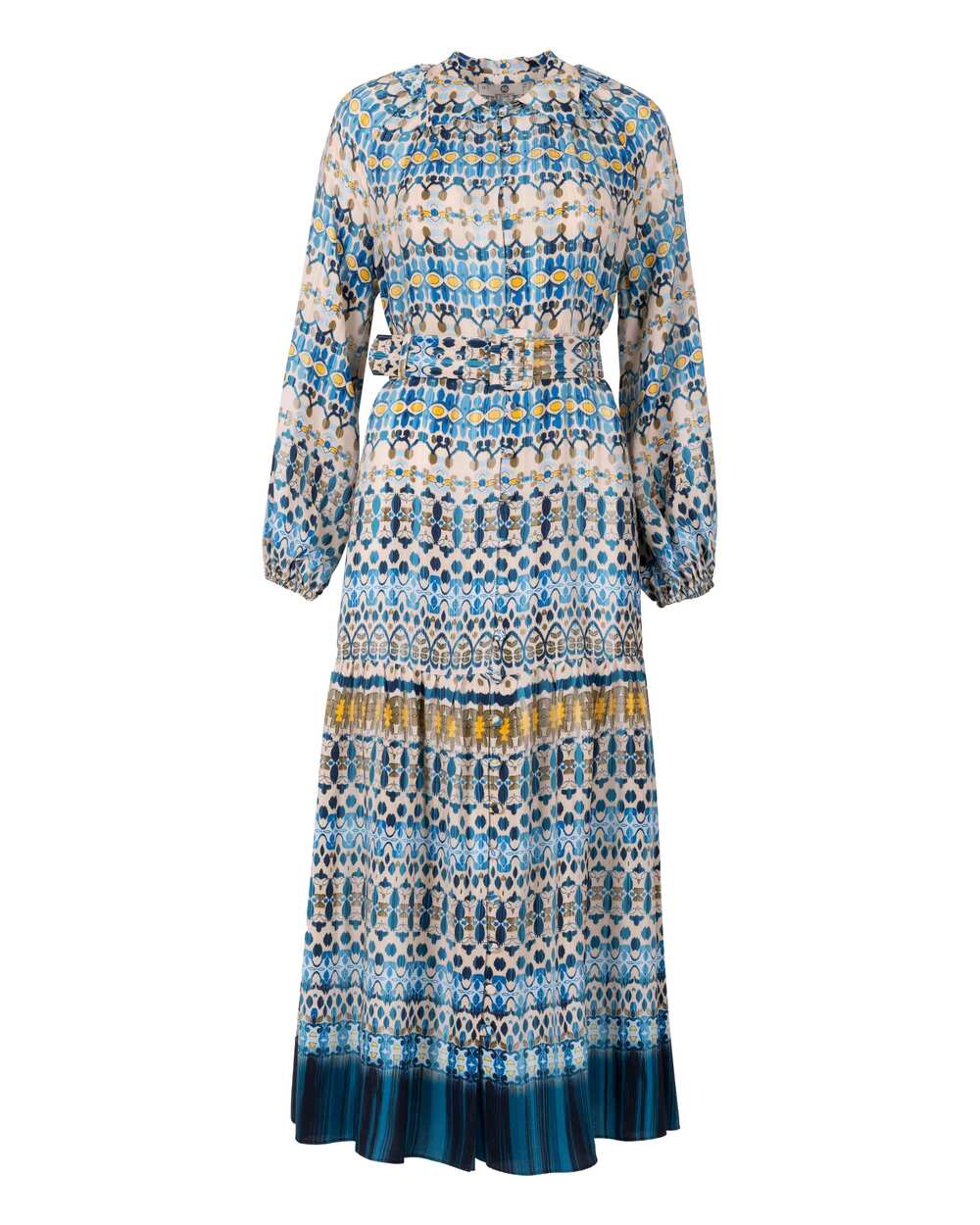 Desenli Kemerli Tam Boy Elbise