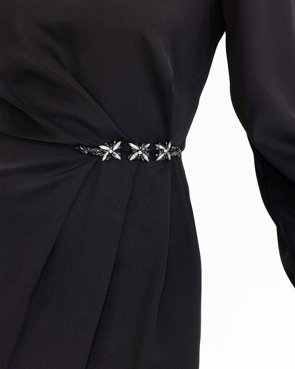 Taş İşlemeli Saten Görünümlü Uzun Boy Elbise