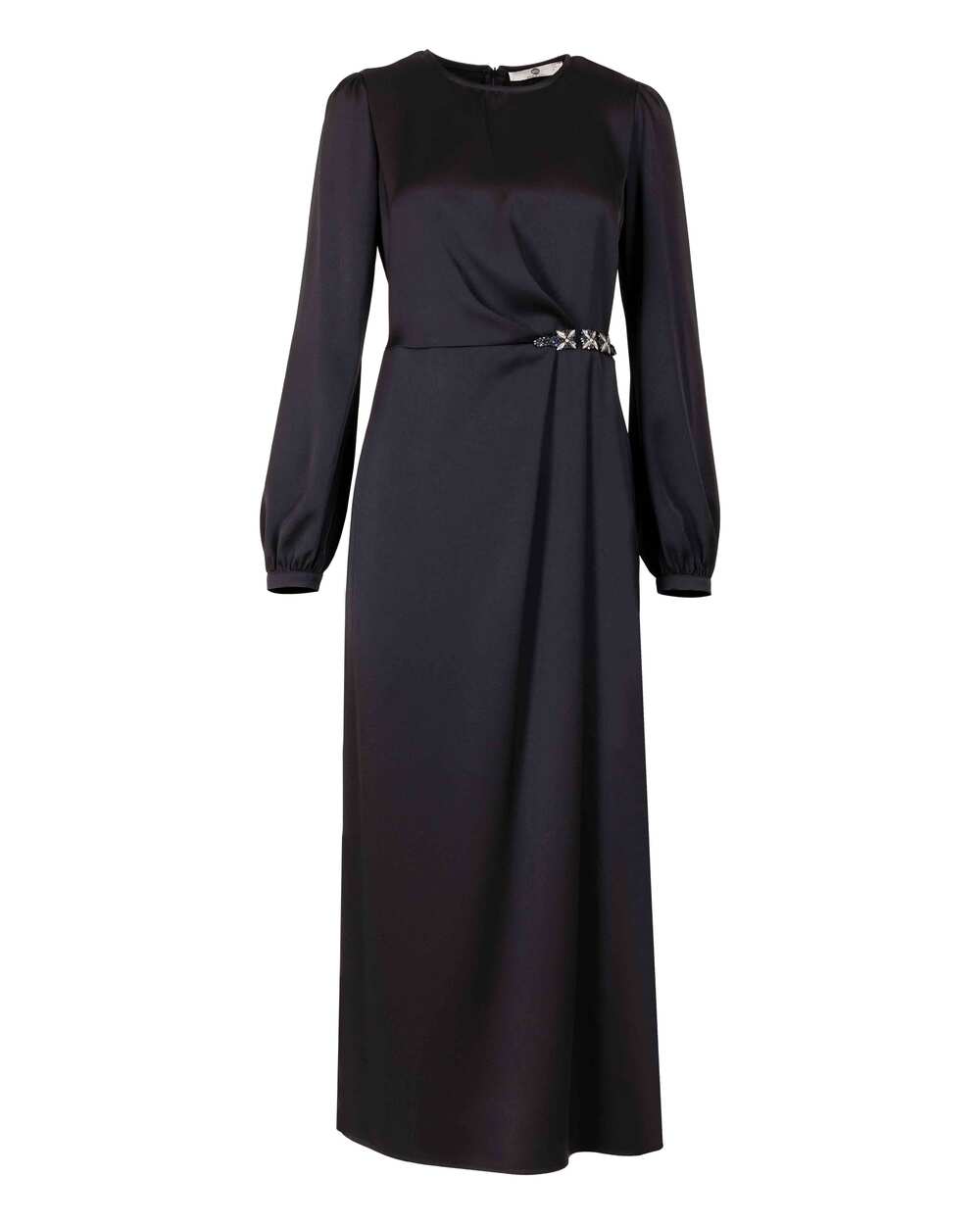 Taş İşlemeli Saten Görünümlü Uzun Boy Elbise