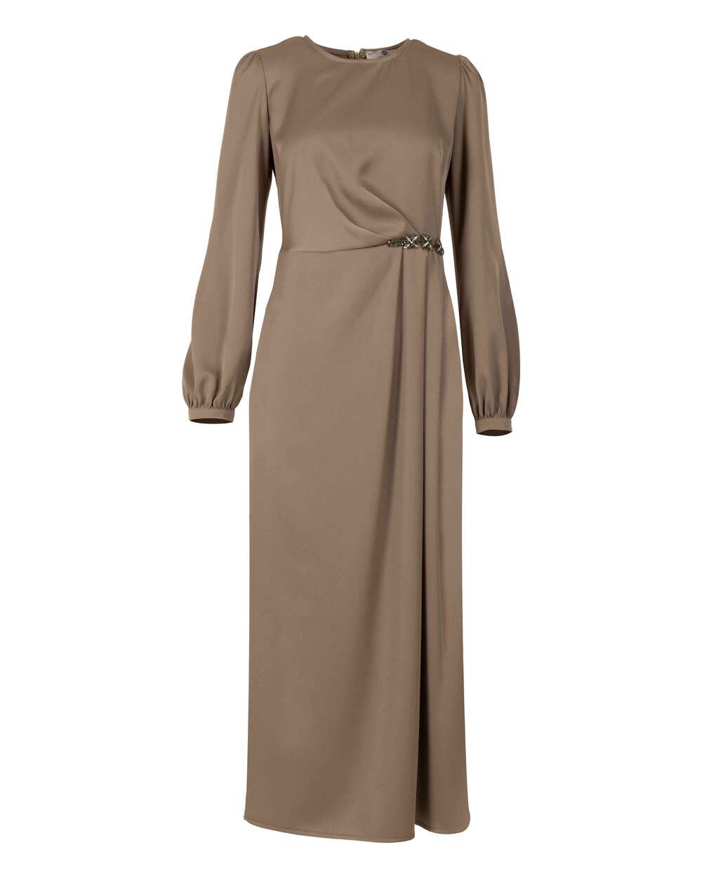 Taş İşlemeli Saten Görünümlü Uzun Boy Elbise