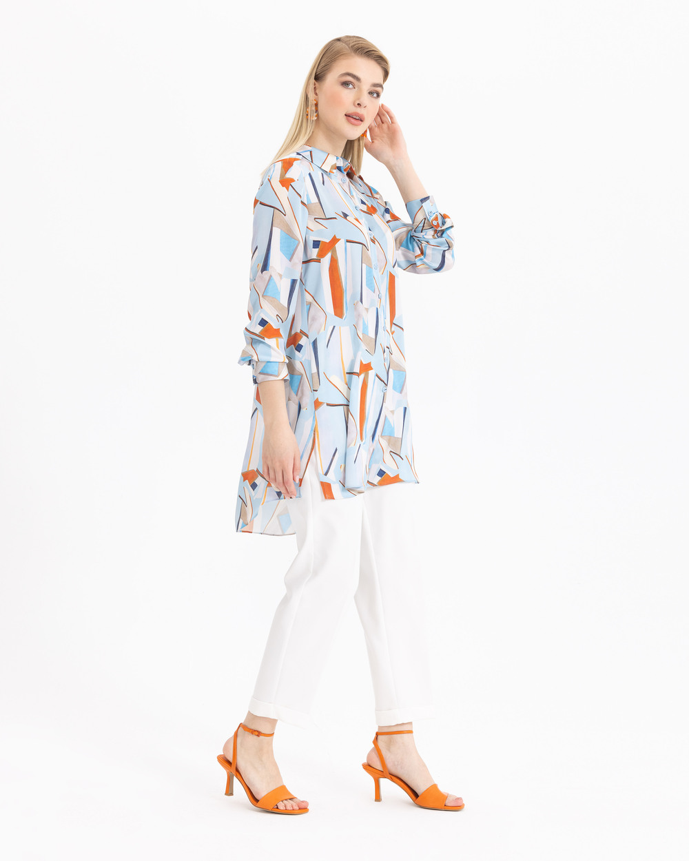 Saten Görünümlü Desenli Gömlek Tunik