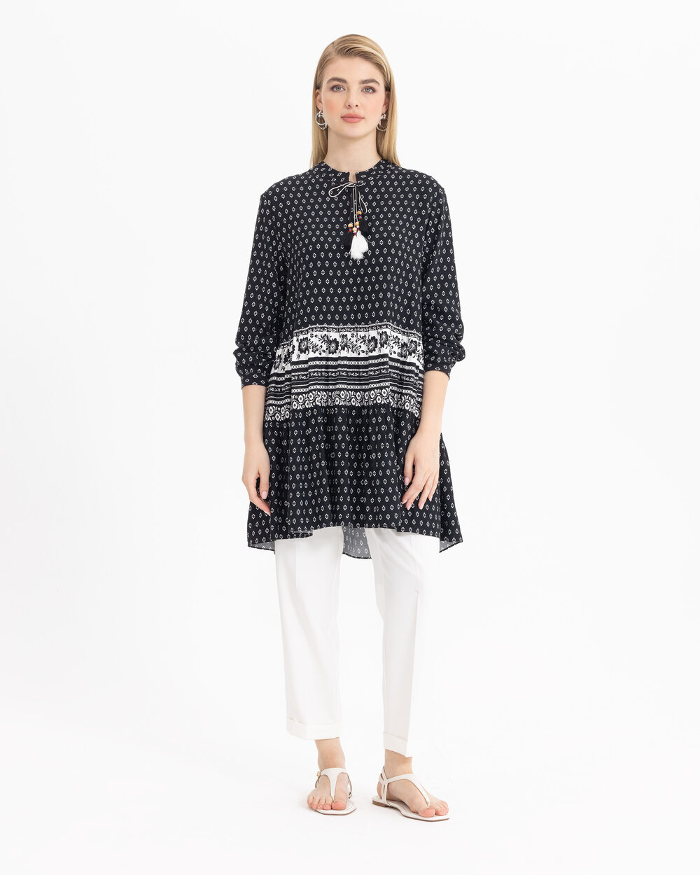  Patterned Tie Collar Tunic