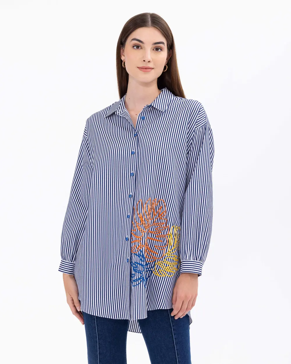 Striped Pattern Embroidered Wide Cut Shirt