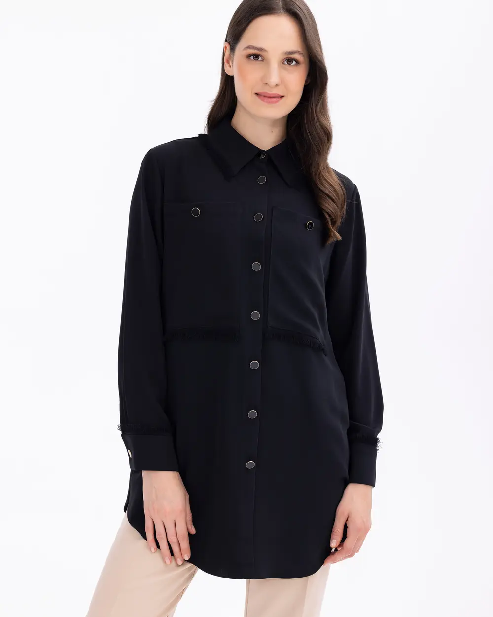 Düğme Detaylı Gömlek Yaka Dokuma Tunik