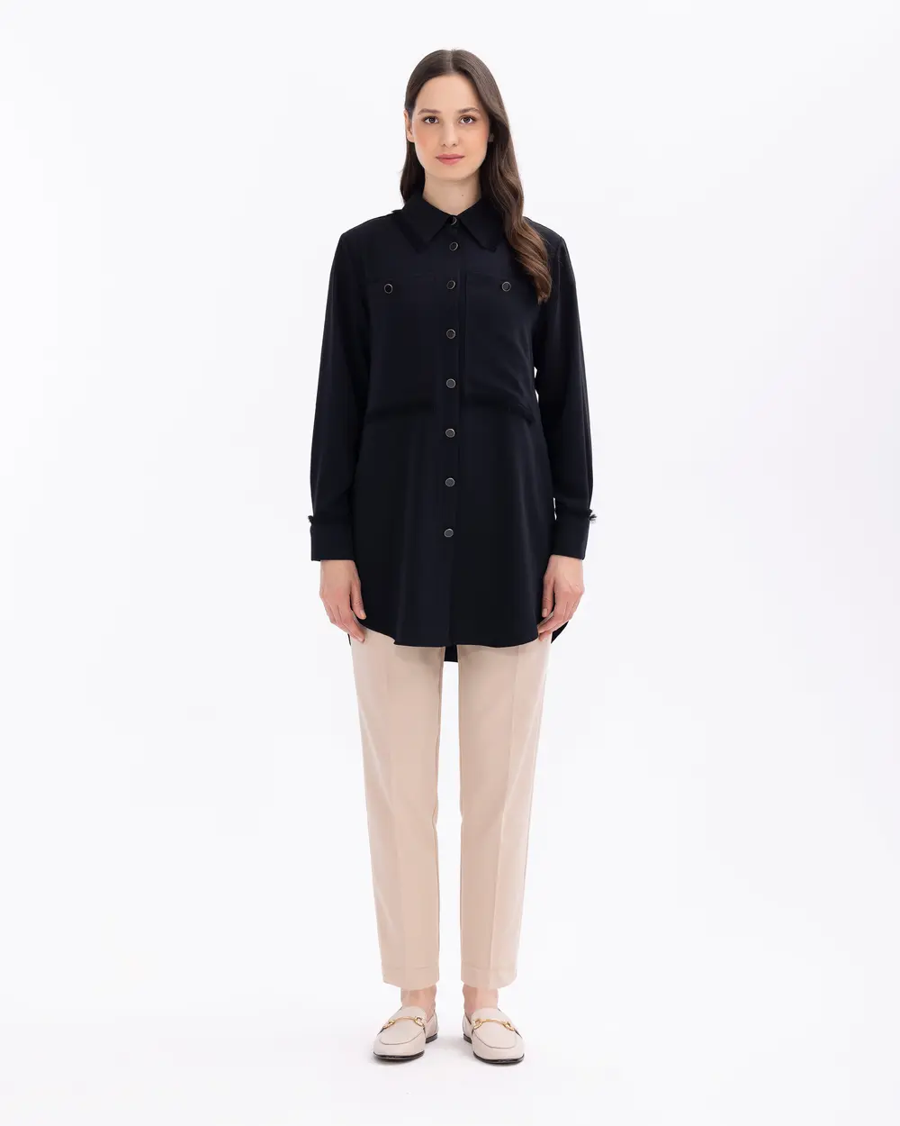 Düğme Detaylı Gömlek Yaka Dokuma Tunik