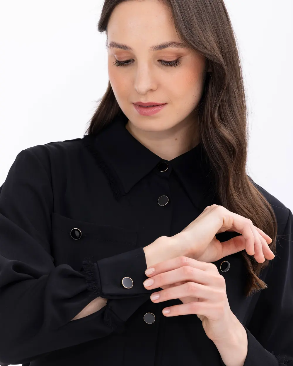 Düğme Detaylı Gömlek Yaka Dokuma Tunik