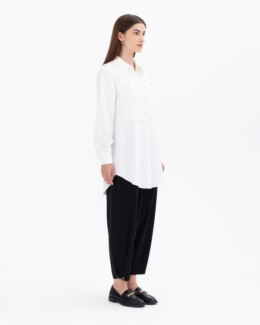 Düğme Detaylı Gömlek Yaka Dokuma Tunik