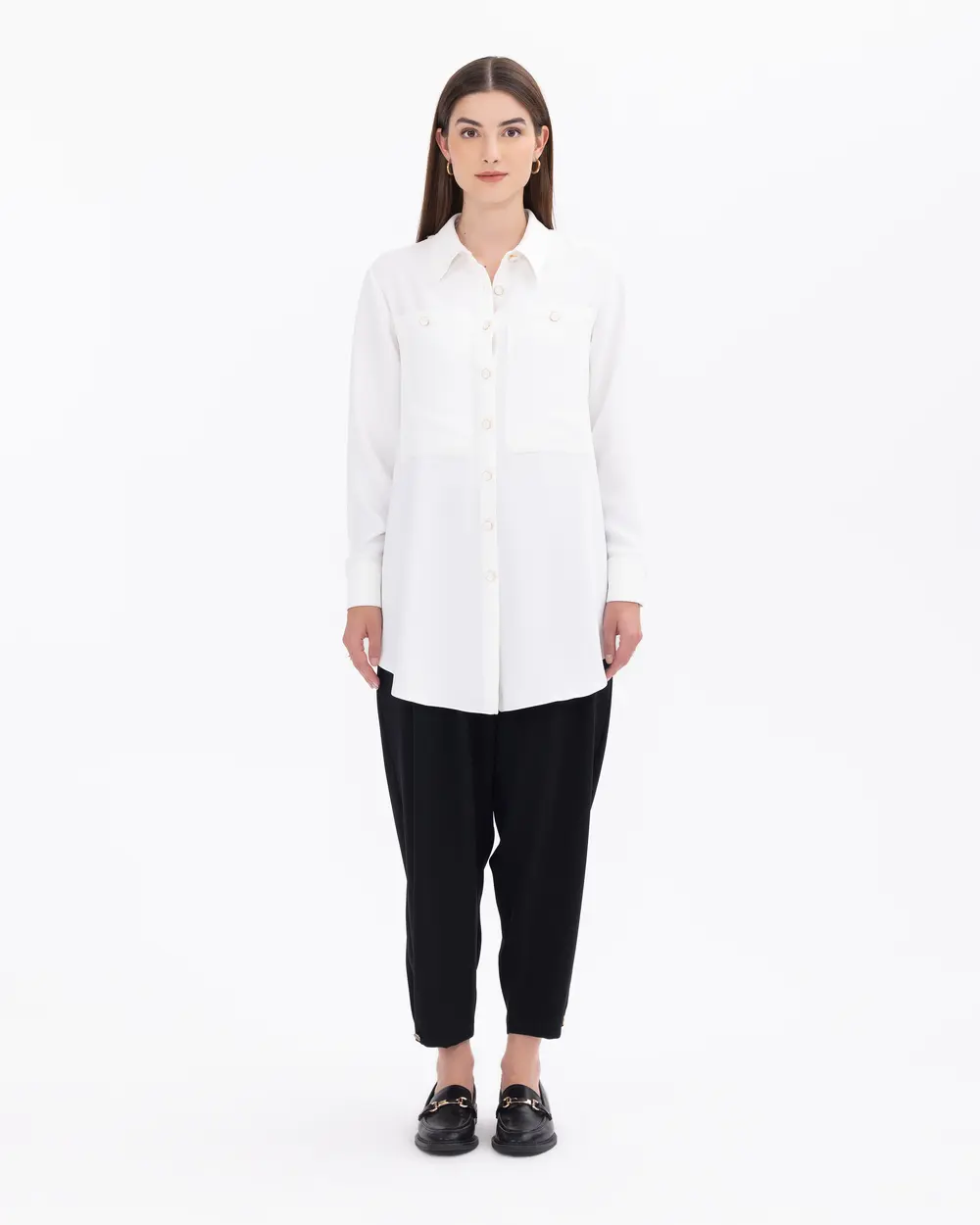 Düğme Detaylı Gömlek Yaka Dokuma Tunik