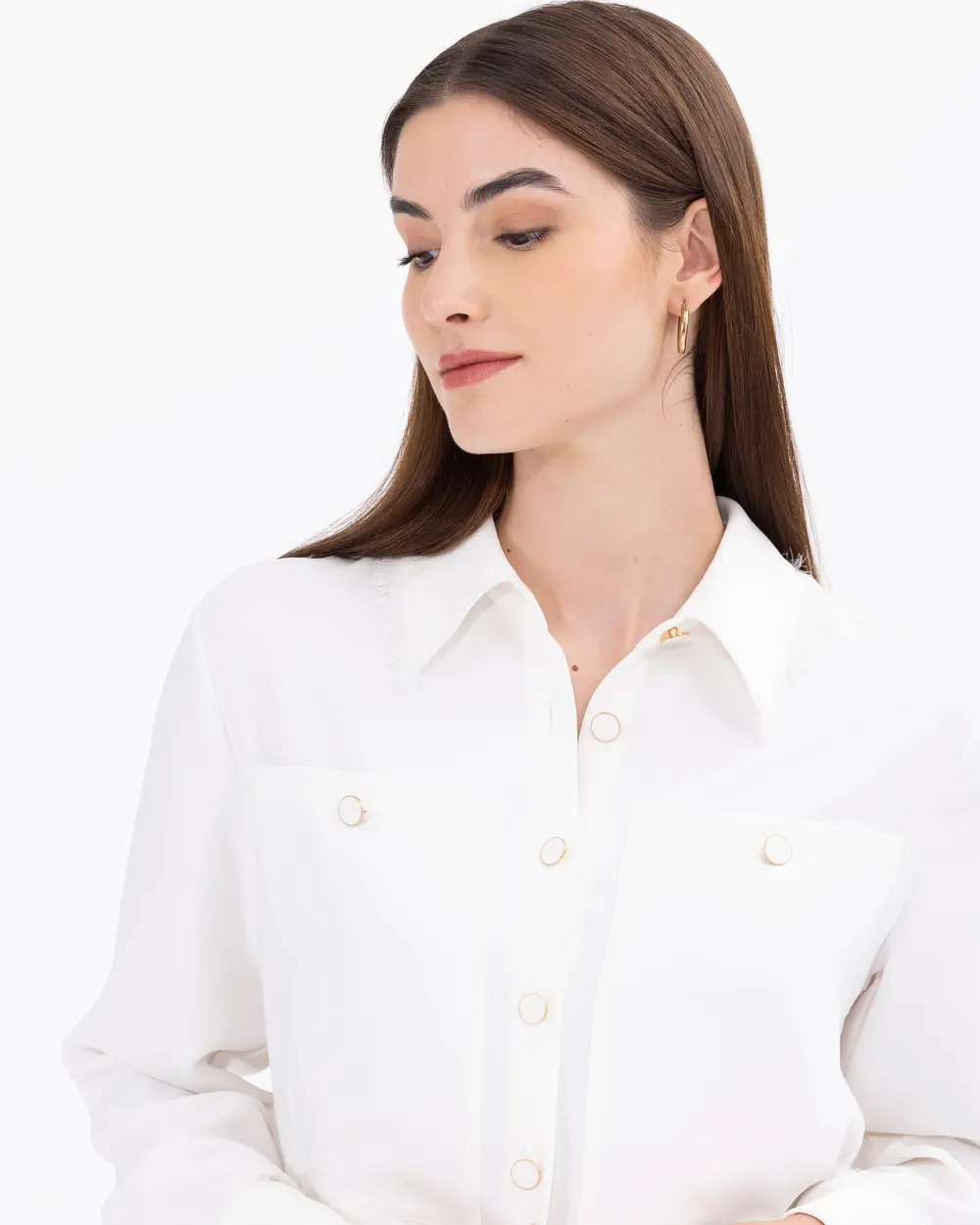 Button-Detailed Shirt Collar Woven Tunic