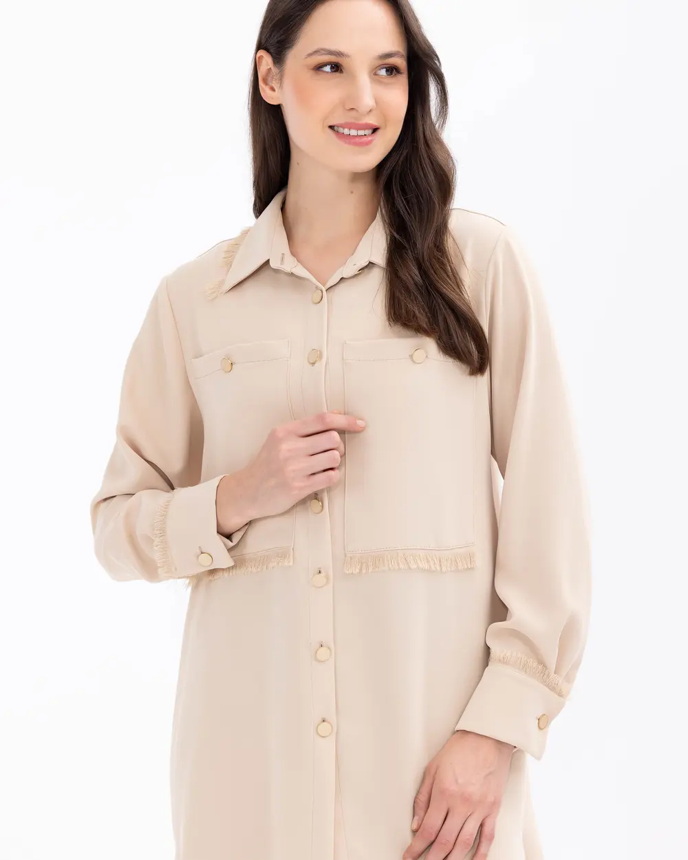 Button-Detailed Shirt Collar Woven Tunic