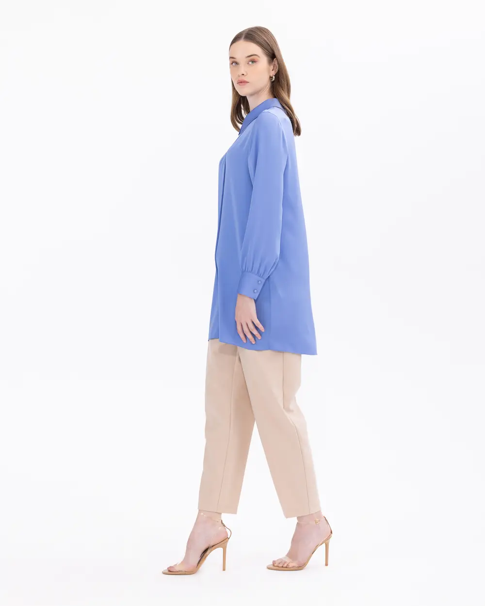 Satin Woven Pleated Shirt Collar Tunic