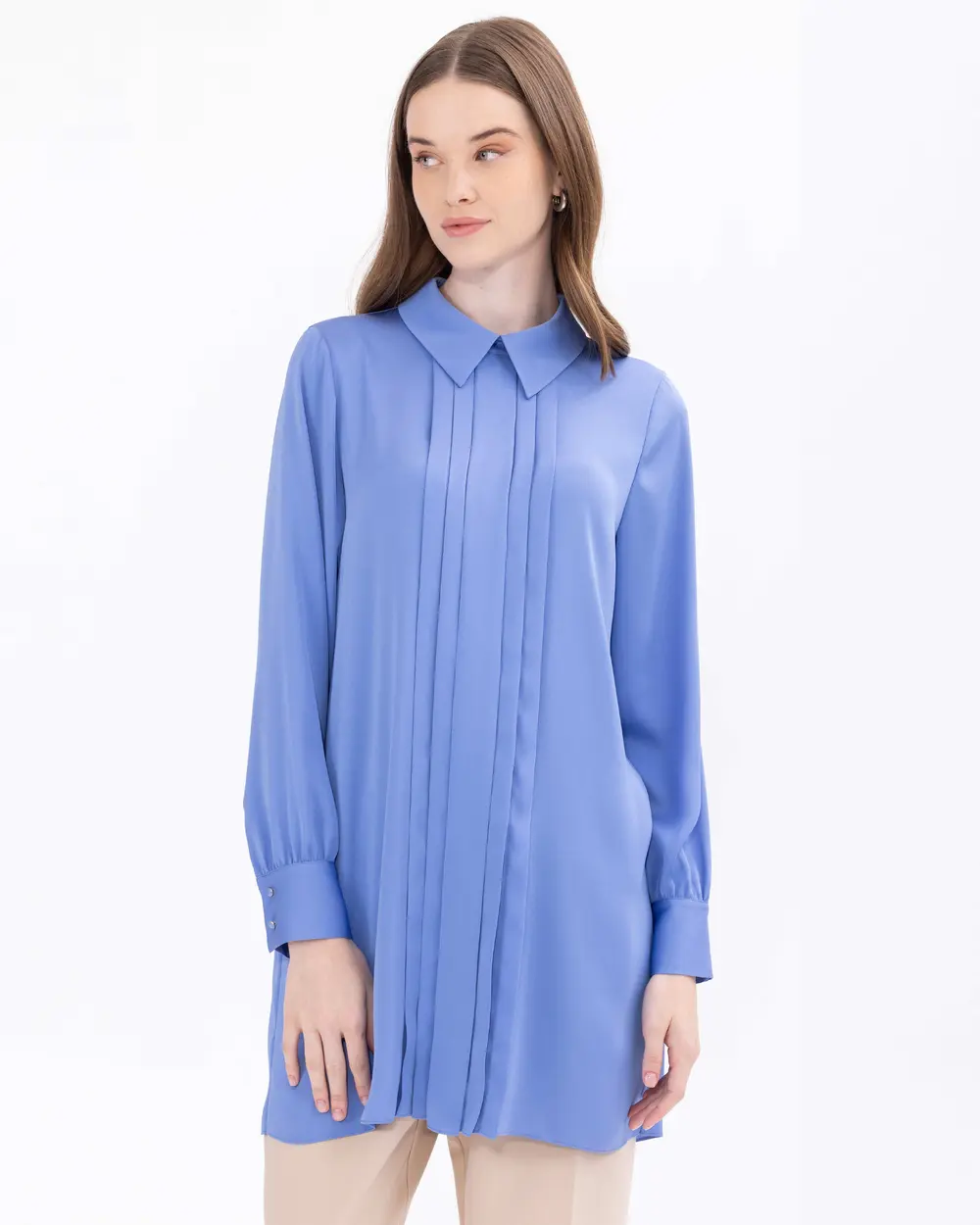 Satin Woven Pleated Shirt Collar Tunic