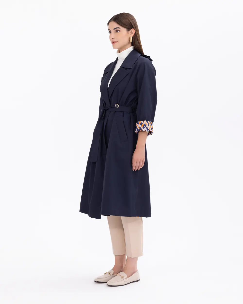 Classic Trench Coat with Buttonless Lapel Collar