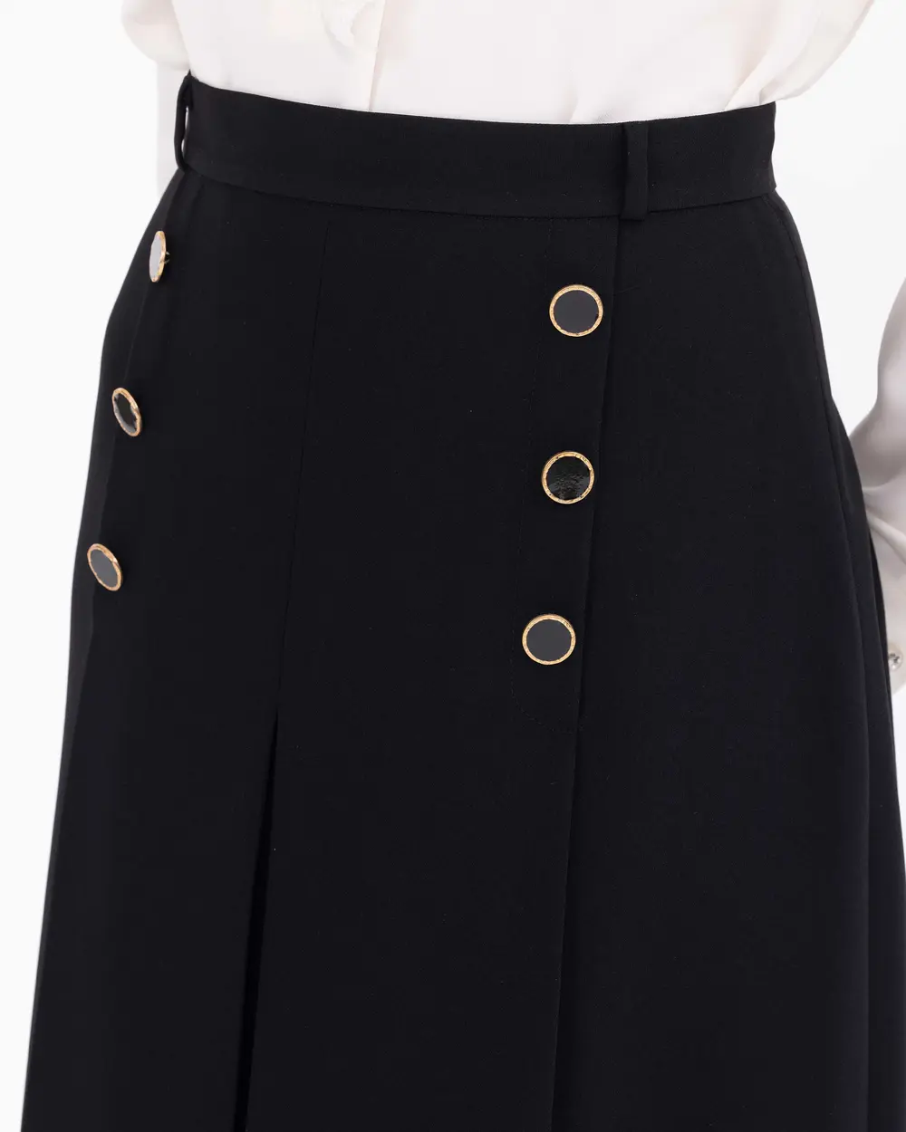 Pileli Düğme Detaylı Tam Boy Etek