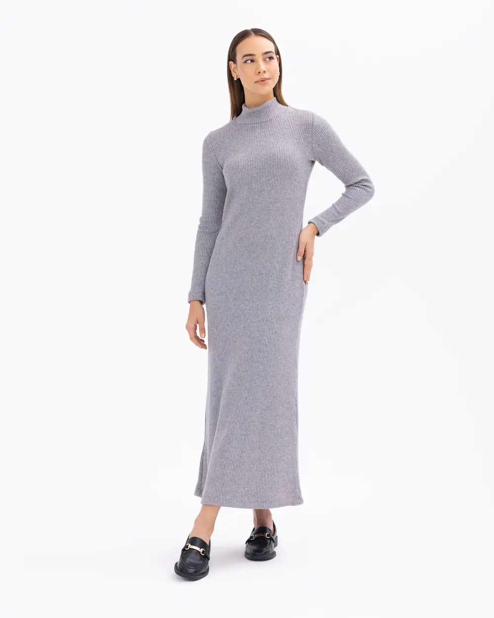 Half Turtleneck Midi Length Corduroy Knitted Dress
