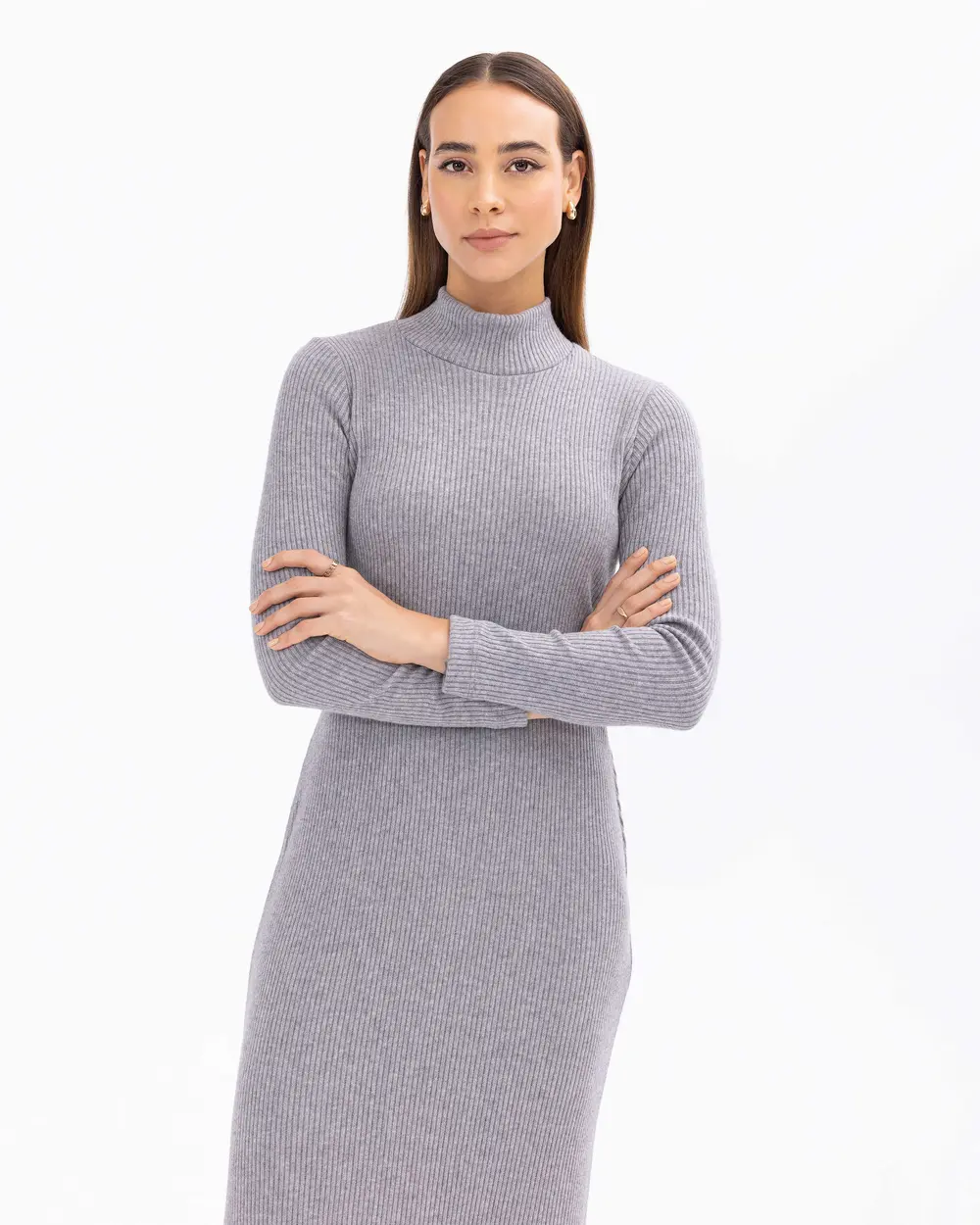 Half Turtleneck Midi Length Corduroy Knitted Dress