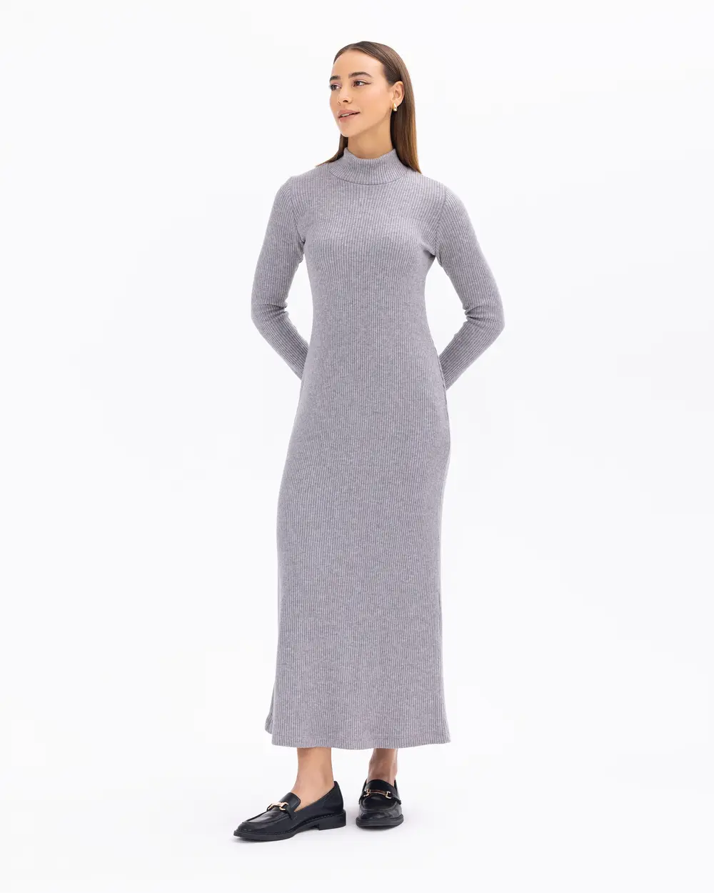 Half Turtleneck Midi Length Corduroy Knitted Dress