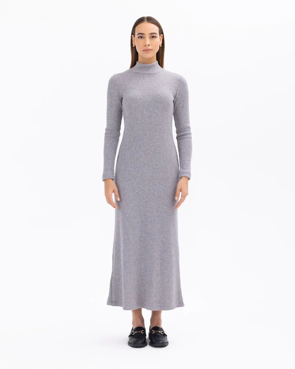 Half Turtleneck Midi Length Corduroy Knitted Dress