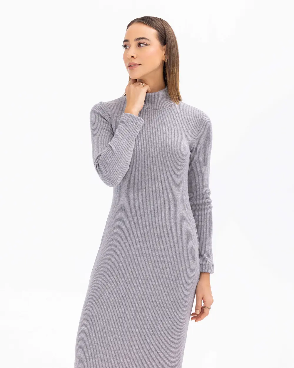 Half Turtleneck Midi Length Corduroy Knitted Dress