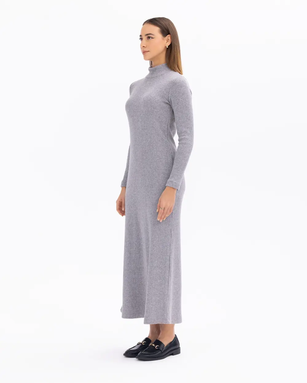 Half Turtleneck Midi Length Corduroy Knitted Dress